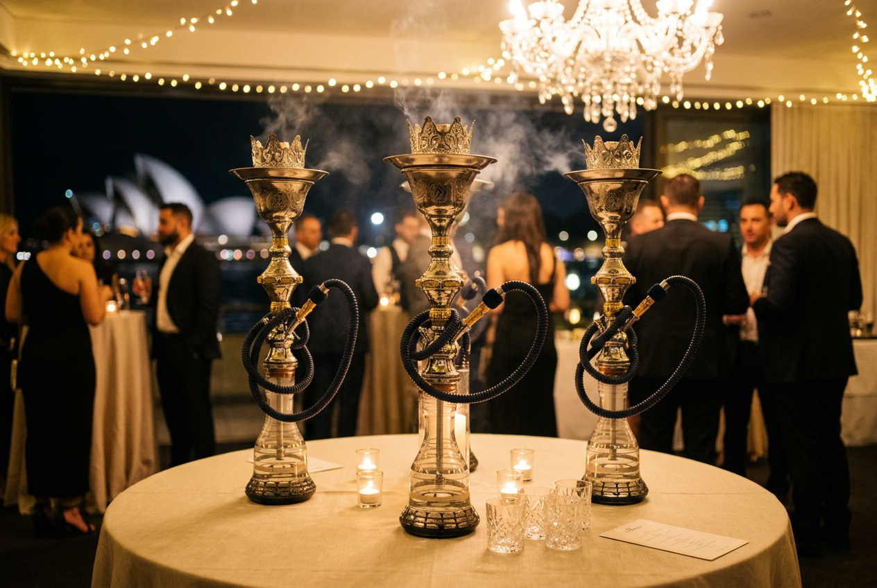 Elegant private event with premium shisha setups and warm ambient lighting